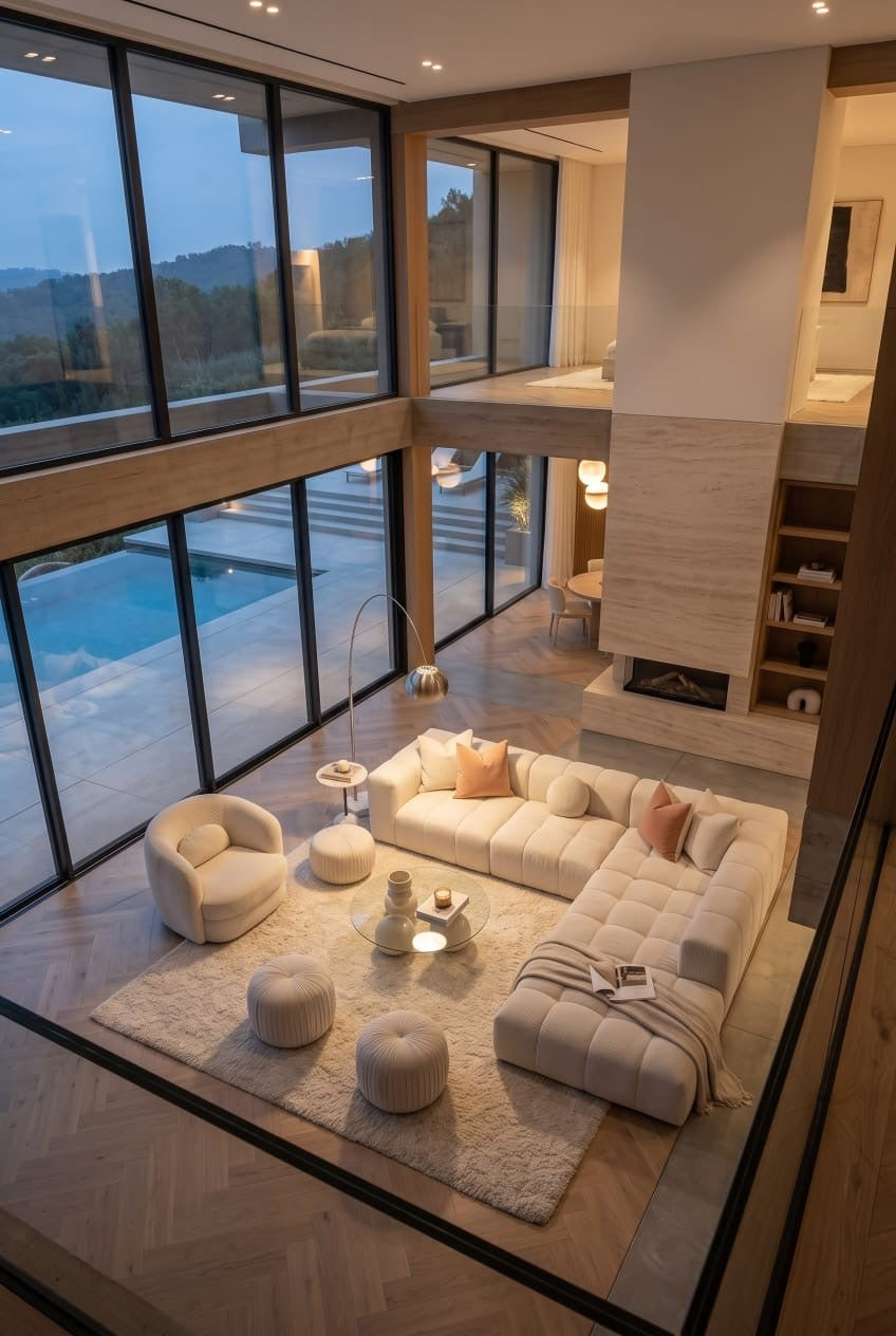 Double-height living room with cream bouclé sectional, round armchair and poufs, seen from the mezzanine