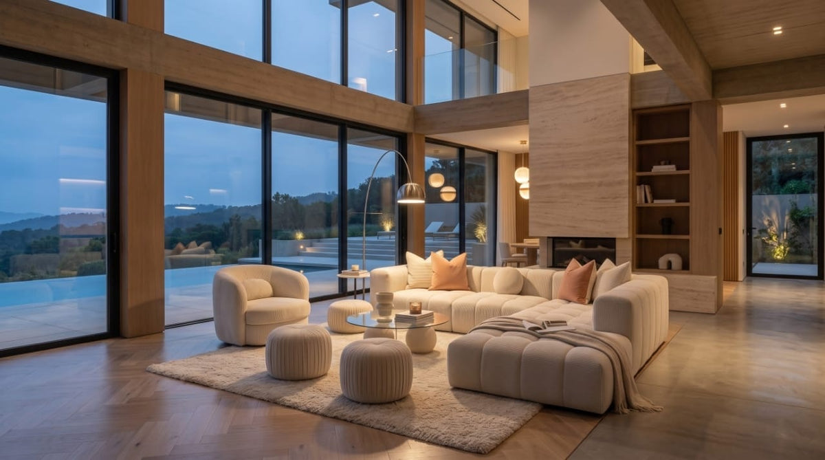 Living room at dusk with cream bouclé sectional, arc floor lamp and glass walls onto the pool