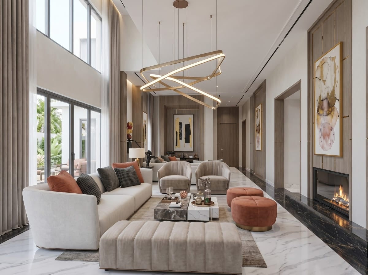 Marble living room with curved ivory sofa, velvet armchairs, terracotta poufs and gold ring chandelier
