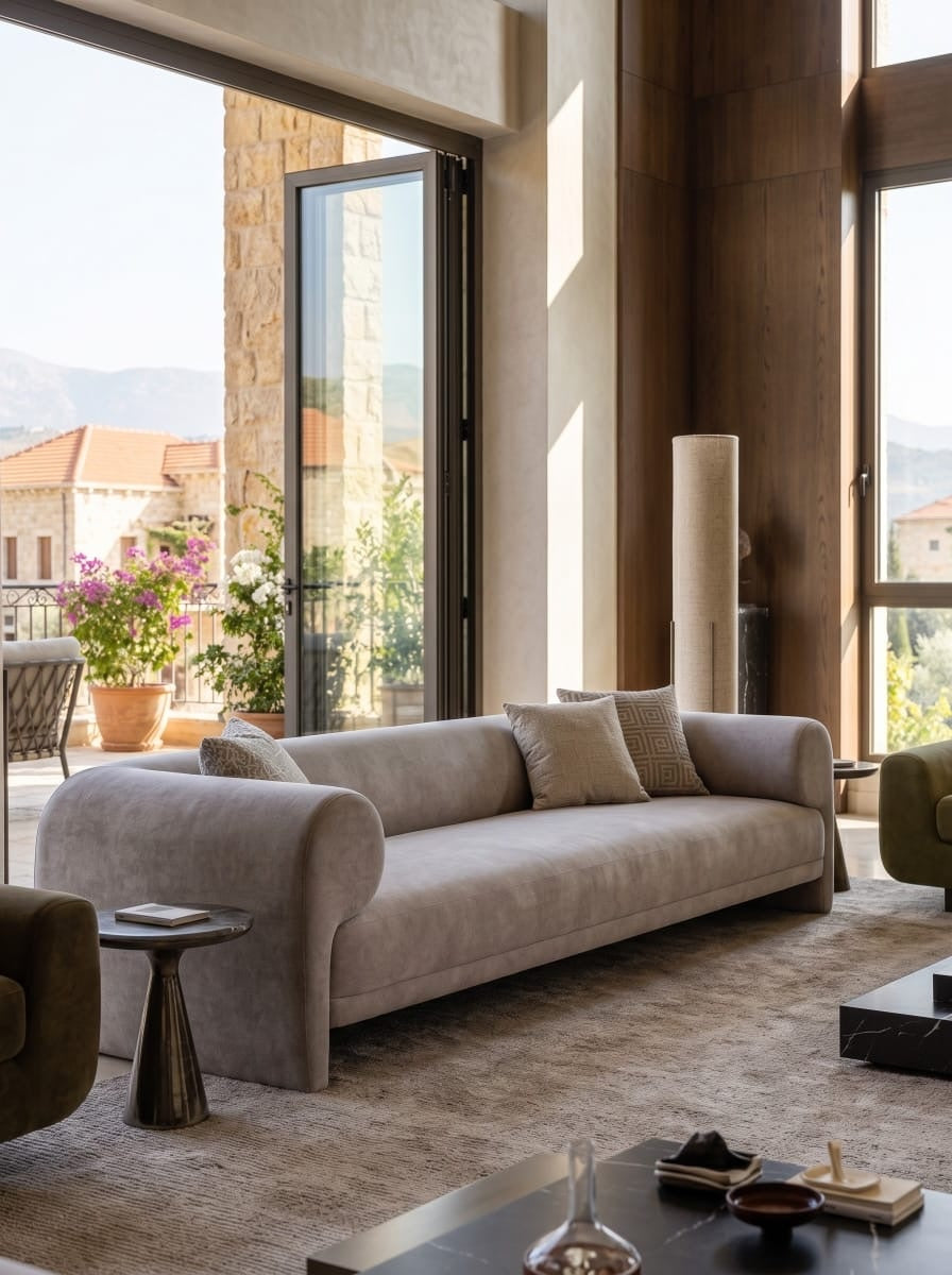 Grey velvet sofa with rounded arms facing a terrace and mountain view