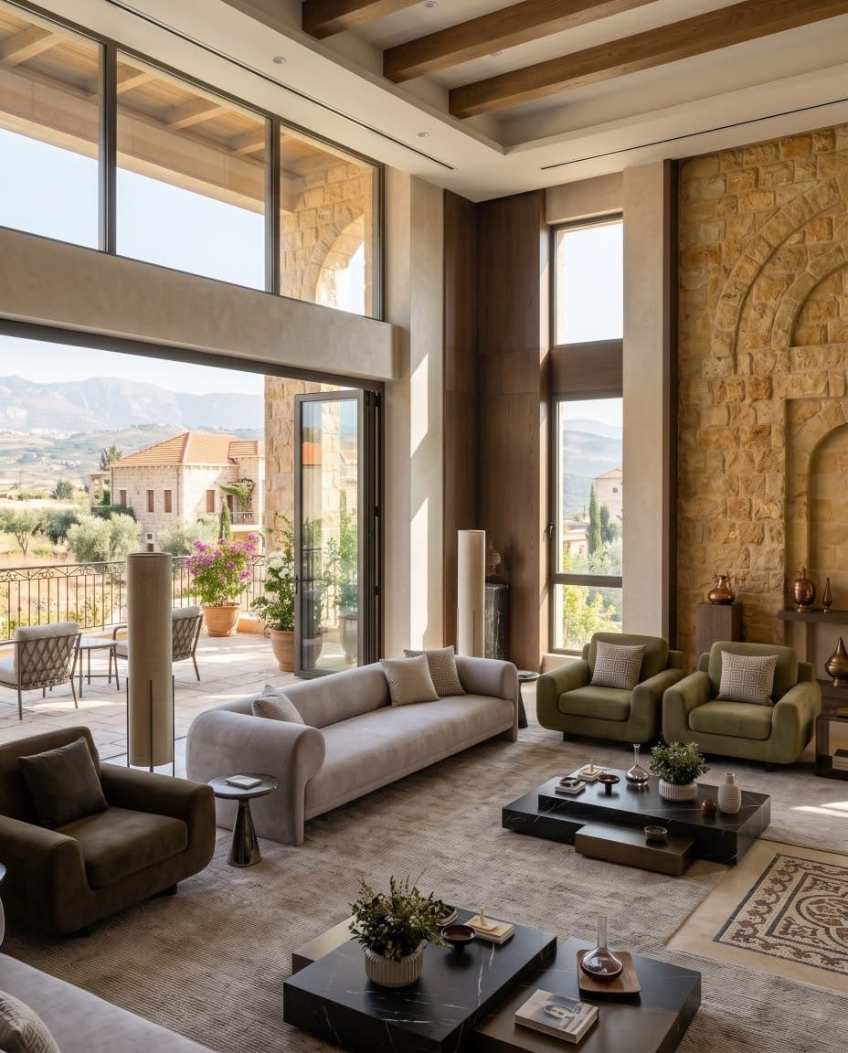 Lebanese stone-walled living room with grey sofa, olive armchairs and black marble coffee tables