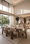 Oval Stone Dining Set with Bouclé Chairs