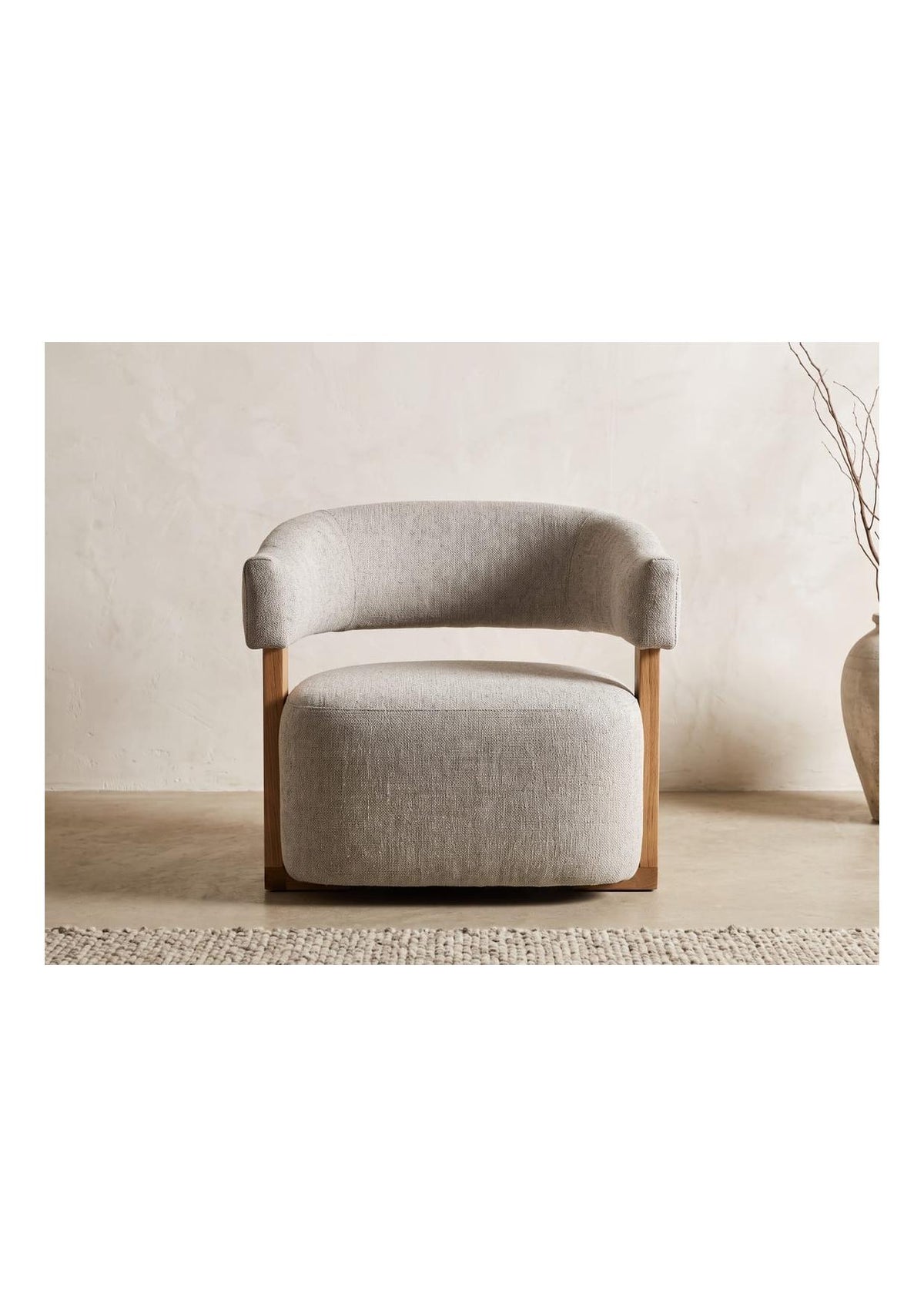 Bouclé Barrel Chair with Wood Arms