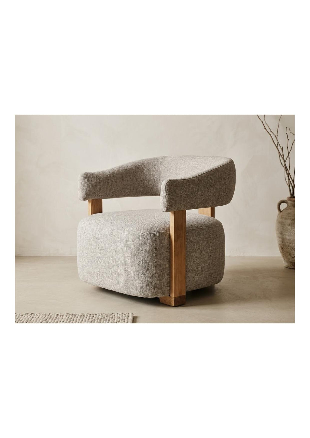 Bouclé Barrel Chair with Wood Arms