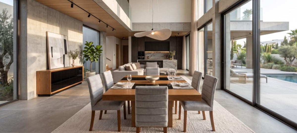 Modern Walnut Dining Set, Grey Chairs