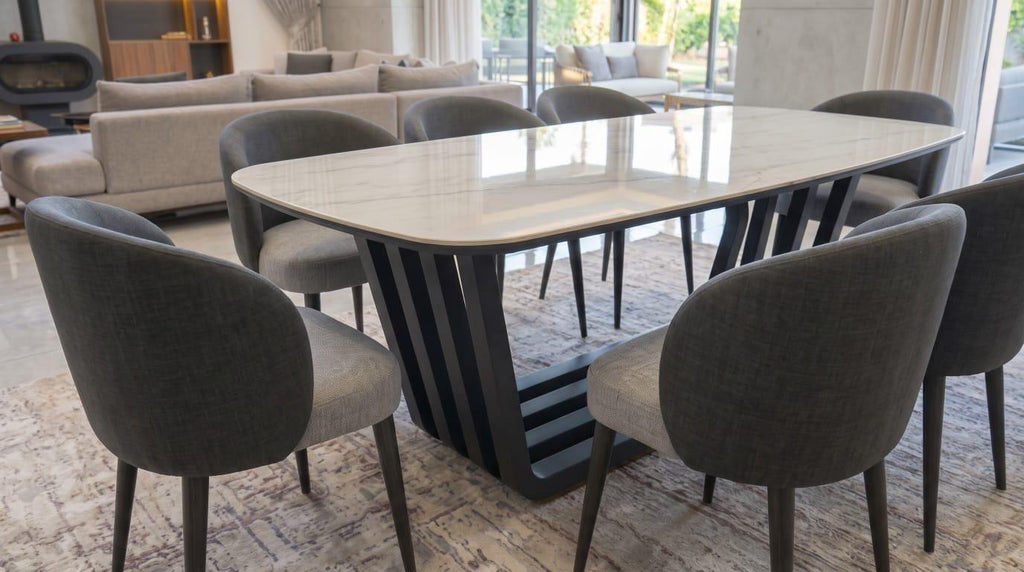 Marble Top Dining Set, Charcoal Chairs