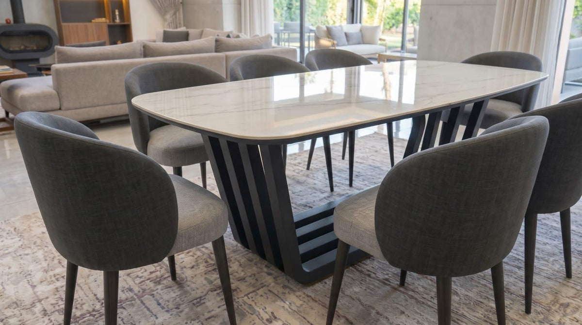 Marble Top Dining Set, Charcoal Chairs