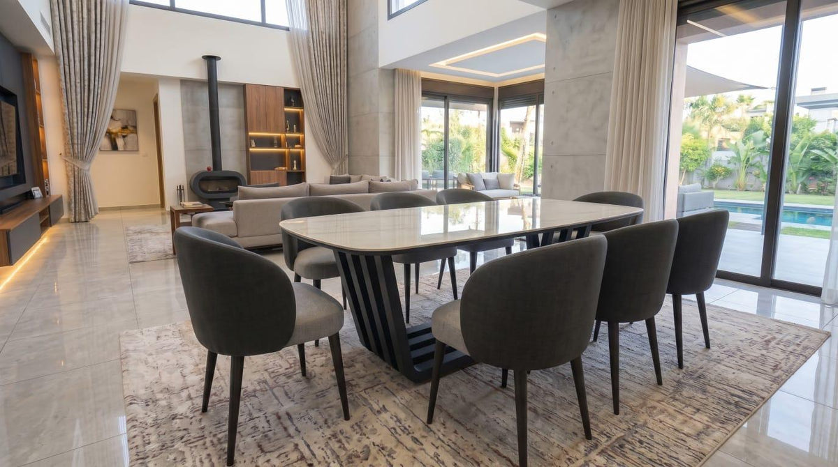 Marble Top Dining Set, Charcoal Chairs