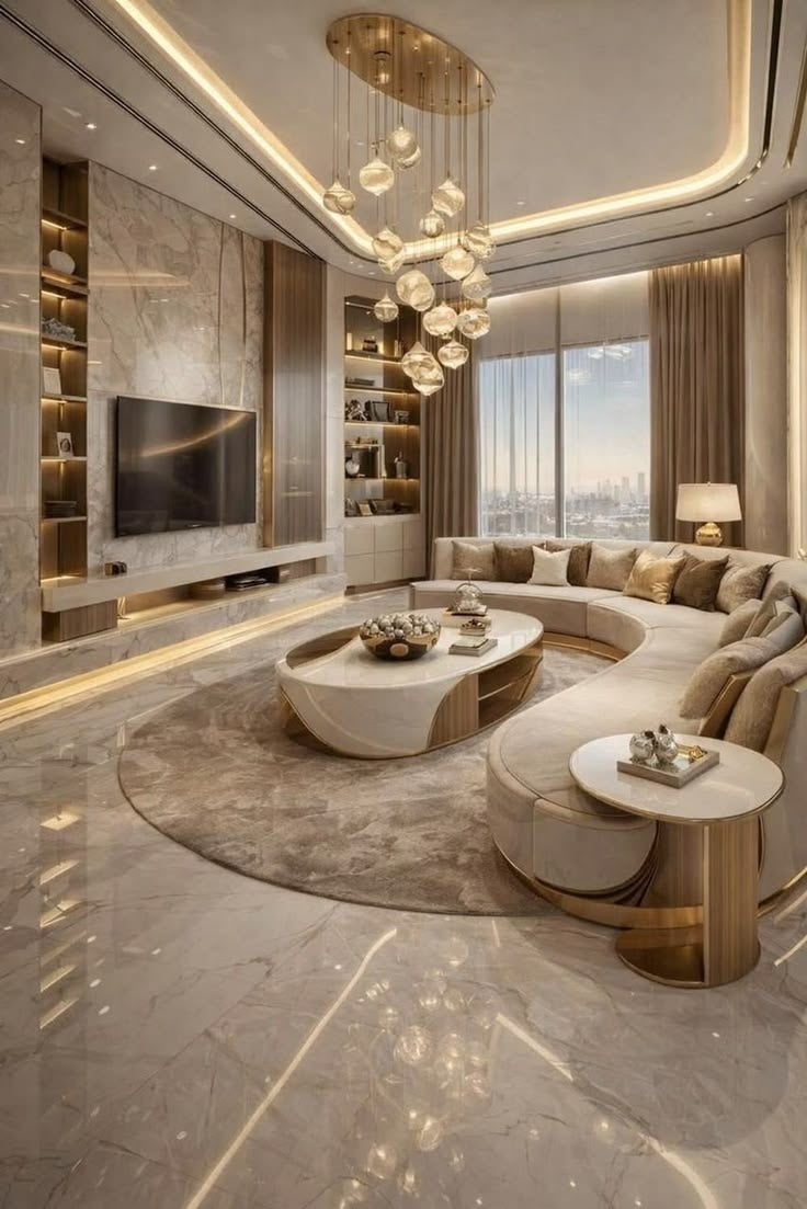 Luxury living room with curved sofa