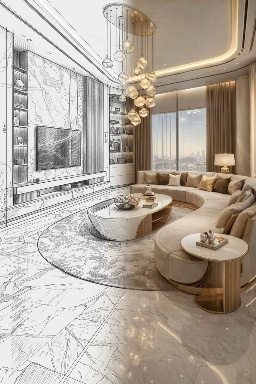 Living room design sketch turning into the finished luxury interior