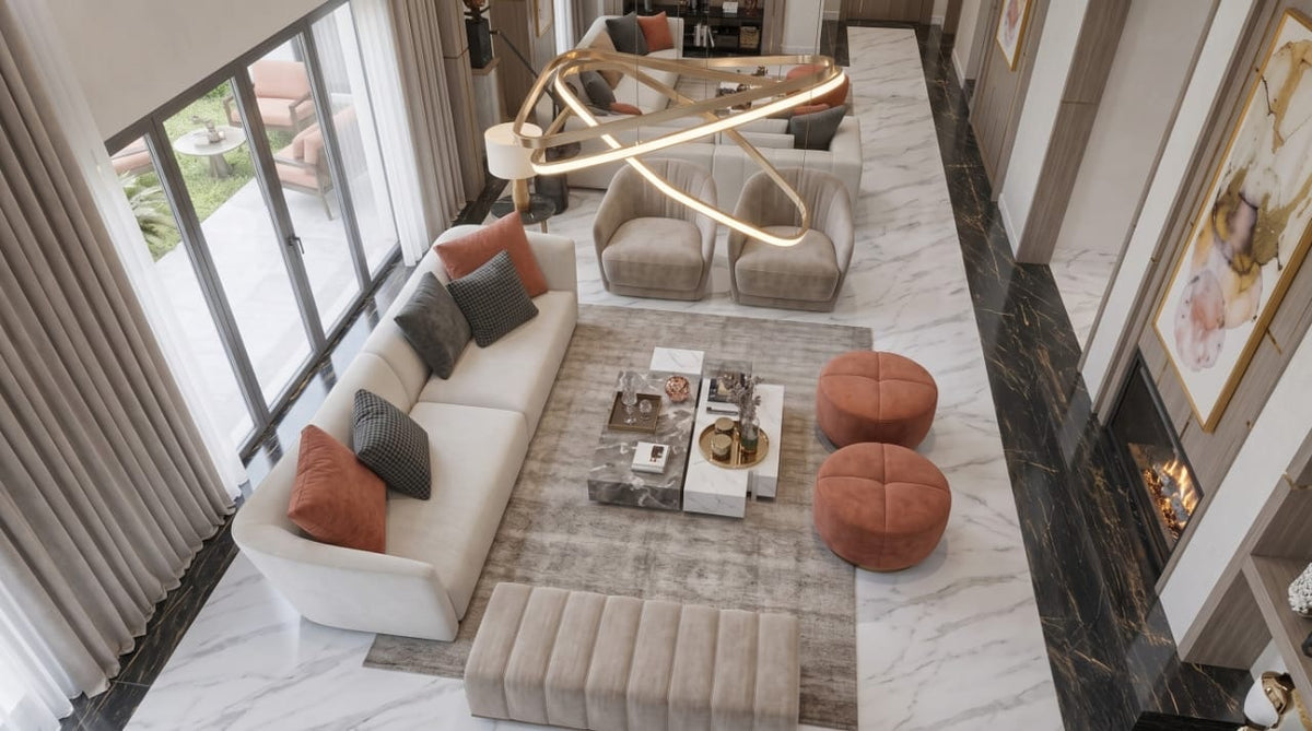 Marble living room from above: curved sofa, tufted bench, terracotta poufs and stone coffee tables