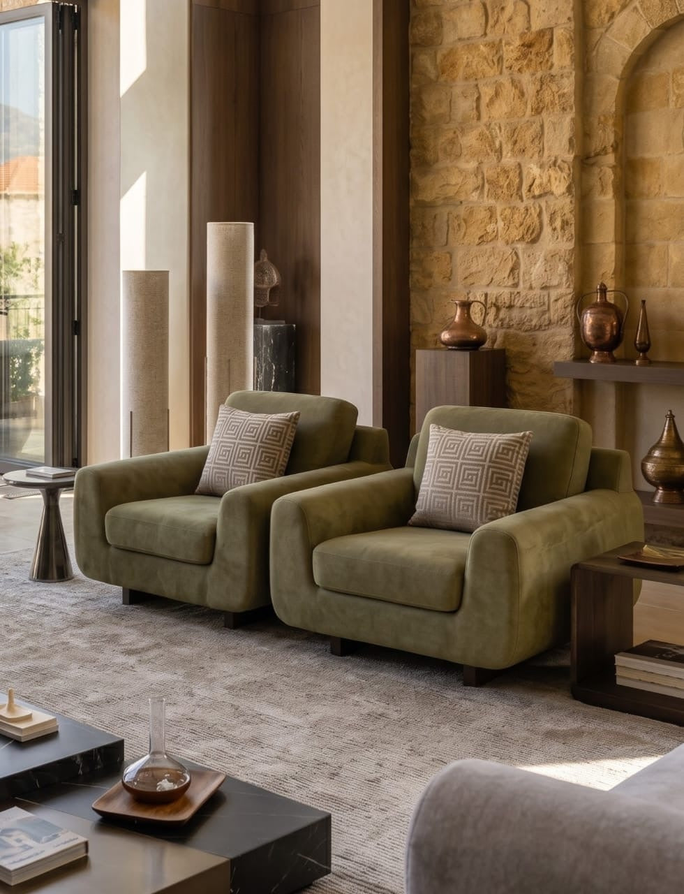 Pair of olive velvet armchairs with Greek-key cushions against a stone wall